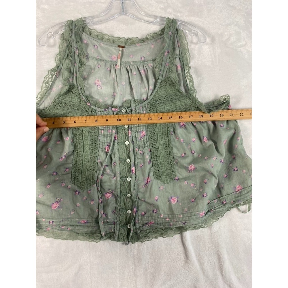 Free People Tank Blouse Top Women Sz L Green Lace Accent Forest Fairy - Picture 5 of 13